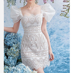 SquAre Collar Embroidered Lace Mini Dress In White