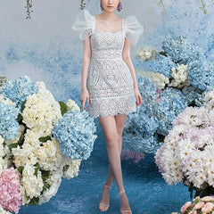 SquAre Collar Embroidered Lace Mini Dress In White
