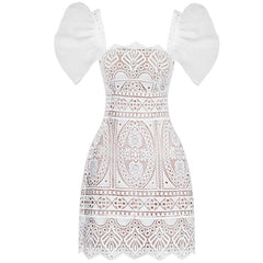 SquAre Collar Embroidered Lace Mini Dress In White