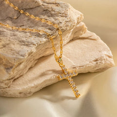 18K Gold Plated White Cubic Zirconia Cross Pendant Necklace