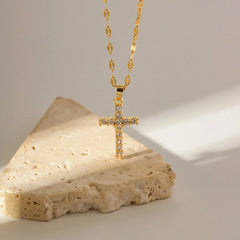 18K Gold Plated White Cubic Zirconia Cross Pendant Necklace