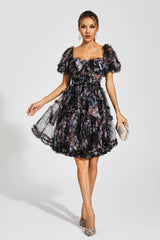 Aarna Black Bubble Sleeve Mesh Mini Dress