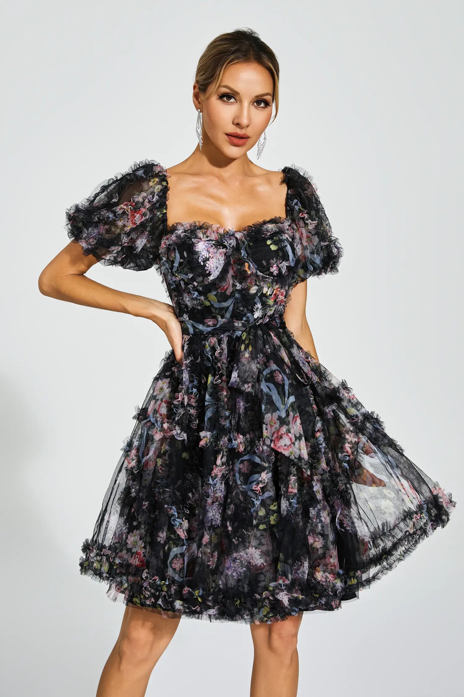 Aarna Black Bubble Sleeve Mesh Mini Dress