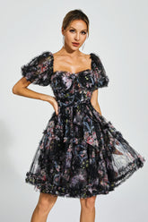 Aarna Black Bubble Sleeve Mesh Mini Dress