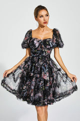 Aarna Black Bubble Sleeve Mesh Mini Dress