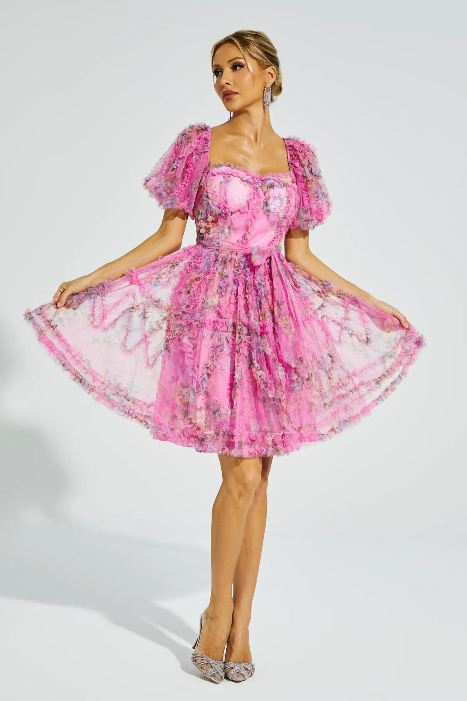 Aarna Pink Bubble Sleeve Mesh Mini Dress