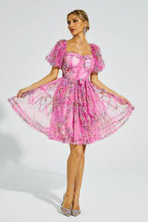 Aarna Pink Bubble Sleeve Mesh Mini Dress