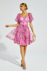 Aarna Pink Bubble Sleeve Mesh Mini Dress