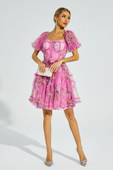 Aarna Pink Bubble Sleeve Mesh Mini Dress