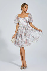 Aarna White Bubble Sleeve Mesh Mini Dress