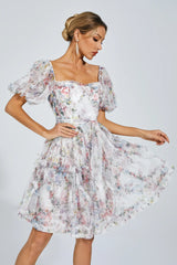 Aarna White Bubble Sleeve Mesh Mini Dress