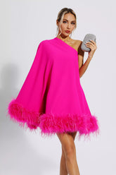 Ailani Pink Feather Trim One Shoulder Mini Dress