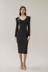 Alaina Black Long Sleeve Midi Work Dress