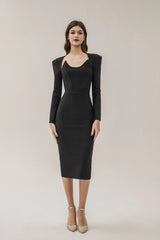 Alaina Black Long Sleeve Midi Work Dress