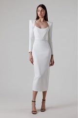 Alaina White Long Sleeve Midi Work Dress - Catchall