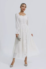 Aliana White Floral Hollow Long Sleeve Dress