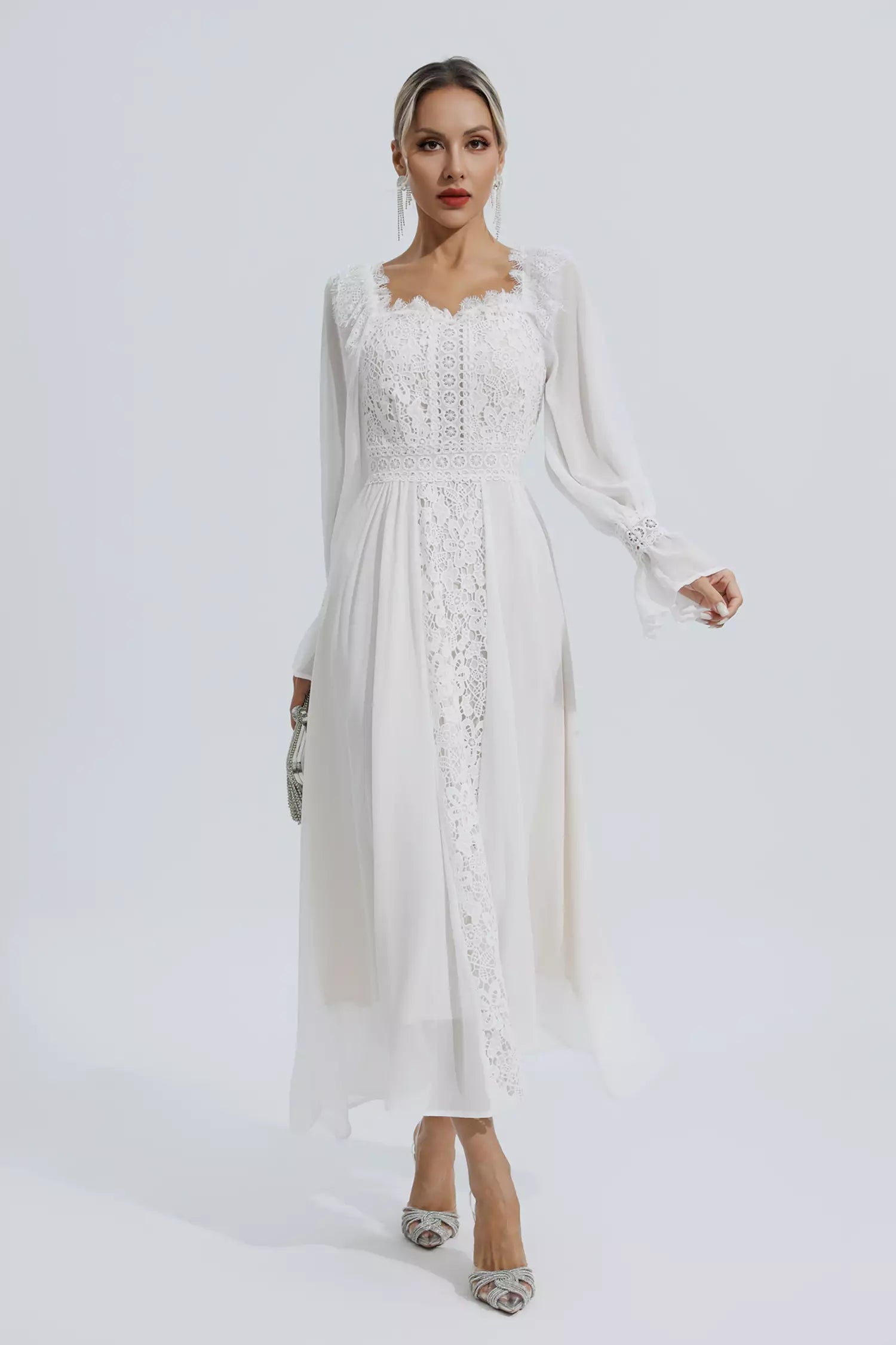 Aliana White Floral Hollow Long Sleeve Dress