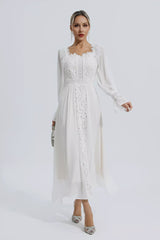 Aliana White Floral Hollow Long Sleeve Dress