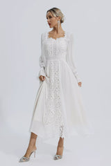 Aliana White Floral Hollow Long Sleeve Dress