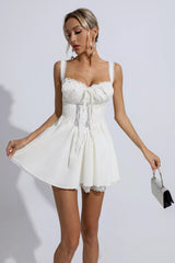 Amanda White Lace Ruched Mini Dress