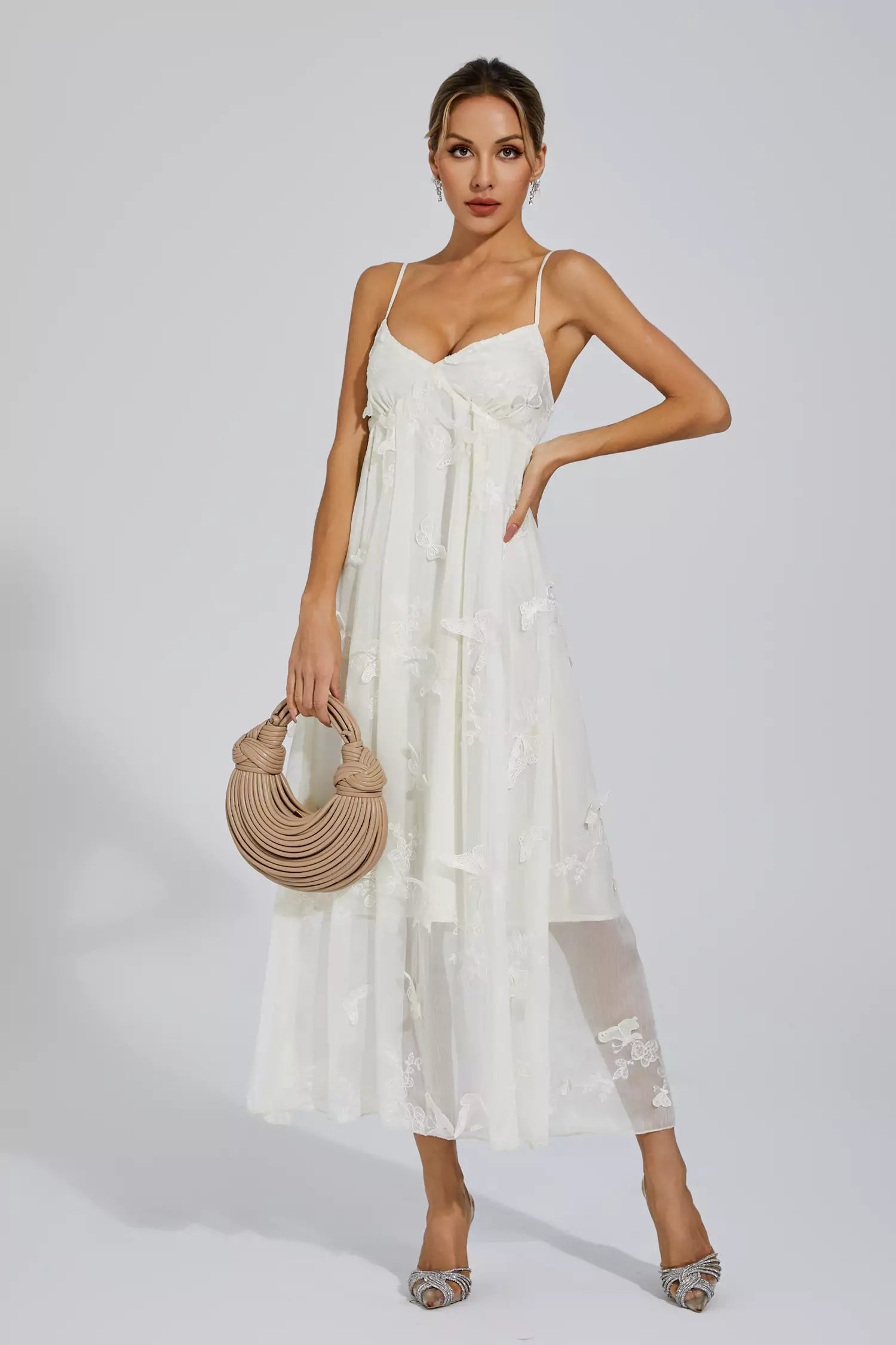 Araceli White Butterfly Embroidery Slip Dress