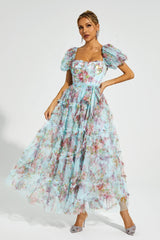 Arlette Blue Bubble Sleeve Maxi Dress