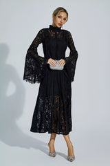 Avah Black Hollow Embroidery Midi Dress