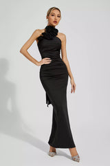 Aylin Black Floral Ruched Halter Maxi Dress