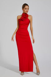 Aylin Red Floral Ruched Halter Maxi Dress