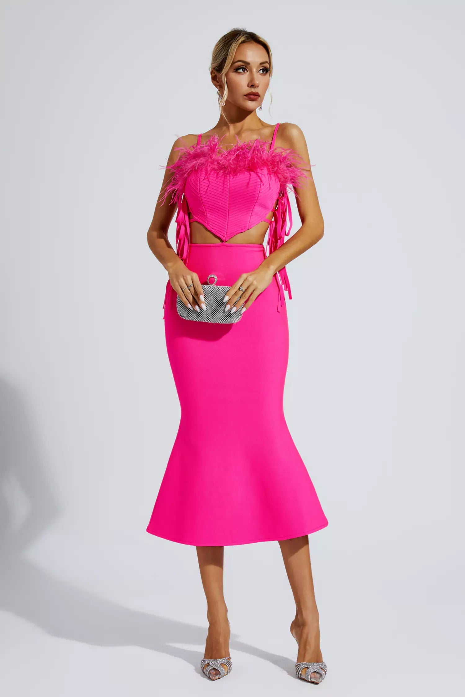 Carter Pink Feather Bandage Midi Dress - Catchall