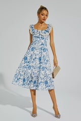 Connie Blue Flower Puffer Sleeve Dress