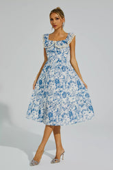 Connie Blue Flower Puffer Sleeve Dress