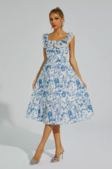 Connie Blue Flower Puffer Sleeve Dress