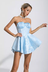 Daleyza Blue Lace Jacquard Bandeau Dress