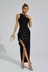 Darcy Black Rose Slit Bandage Dress