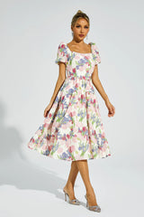 Dinah Pink Flower Puff Sleeves Midi Dress