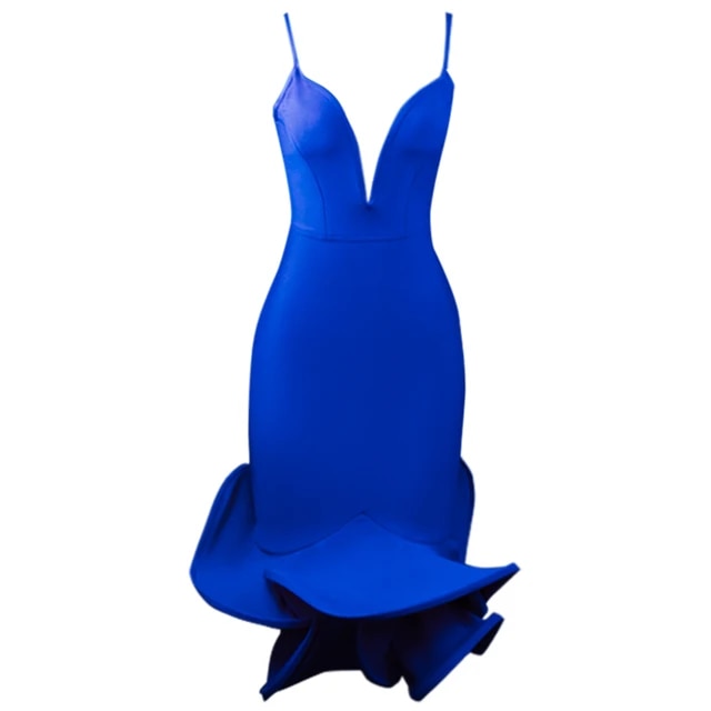 Blush Deep V Neck Bandage Midi Dress - Blue