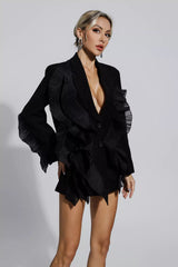 Ellis Ruched Floral Blazer Dress-Black