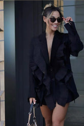 Ellis Ruched Floral Blazer Dress-Black