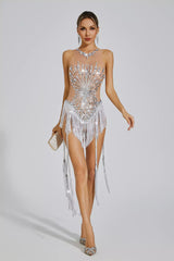 Emerald Silver Diamond Mini Fringe Dress