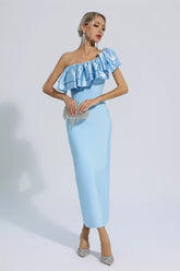 Emerie Blue One Shoulder Ruffles Bandage Dress