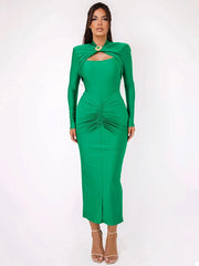 Hollow Out Long Sleeve Metal Buckle Ruched Maxi Dress