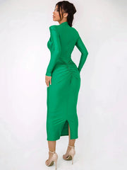 Hollow Out Long Sleeve Metal Buckle Ruched Maxi Dress