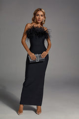 Naomi Black Feather Tassel Maxi Dress -catchall