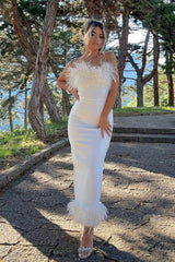 Noelle Feather Off Shoulder Maxi Dress-White