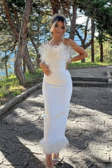 Noelle Feather Off Shoulder Maxi Dress-White