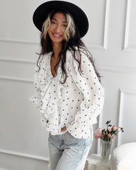 White Turn Down CollarFlare Sleeve Heart Printed Blouse