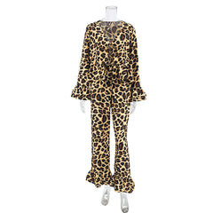 Leopard Print Loose V-neck Tie Top and Elastic Waist Comfort Pants Set