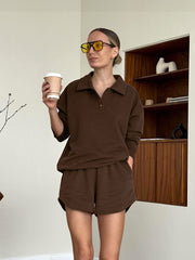Brown Long Sleeve Top and Elasticated Shorts Two Piece Set