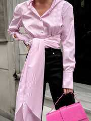 Striped Patchwork Tie-Lapel Long-Sleeved Shirt
